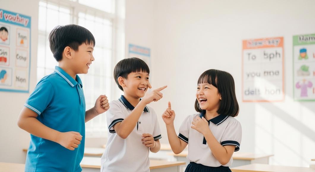 Ba học sinh tiểu học cười đùa vui vẻ trong lớp học tiếng Anh.