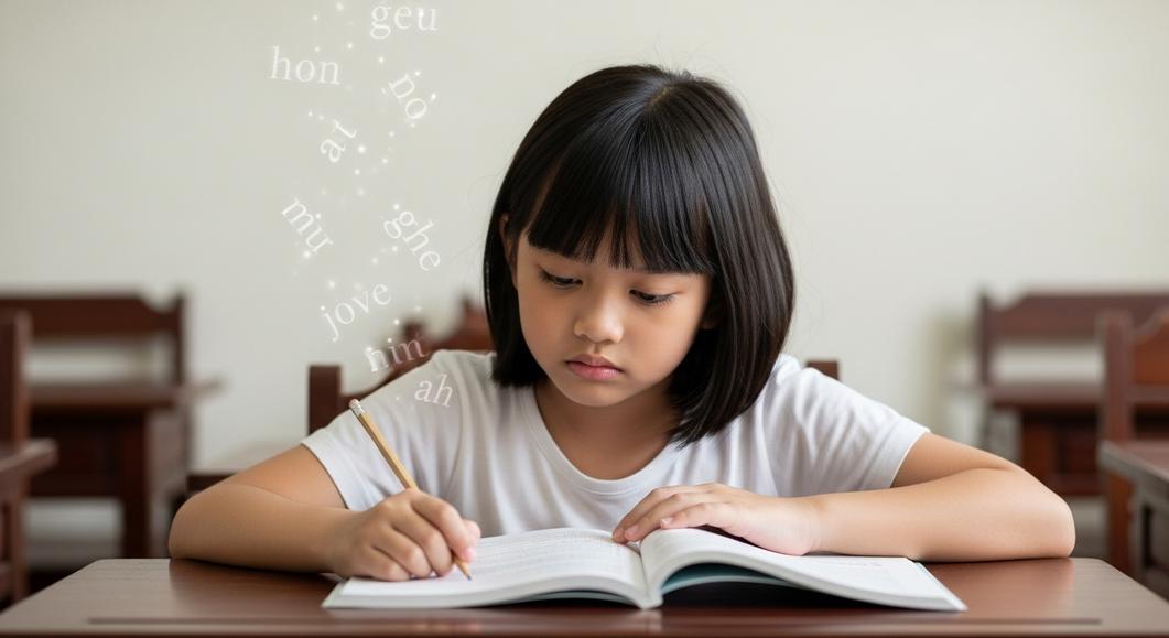 Bé gái cấp 1 chăm chú viết bài tiếng Anh trên lớp.