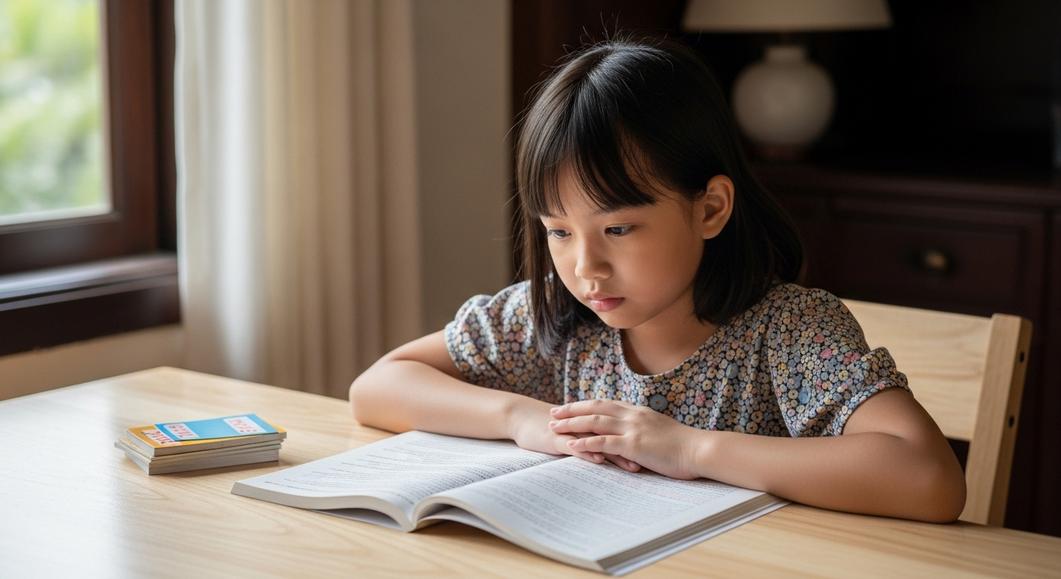 Bé gái châu Á chăm chú đọc sách tiếng Anh tại bàn học.
