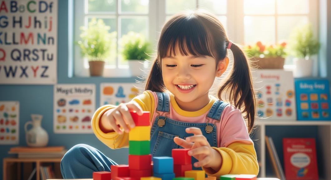 Bé gái mầm non vui vẻ chơi xếp hình khối học tiếng Anh