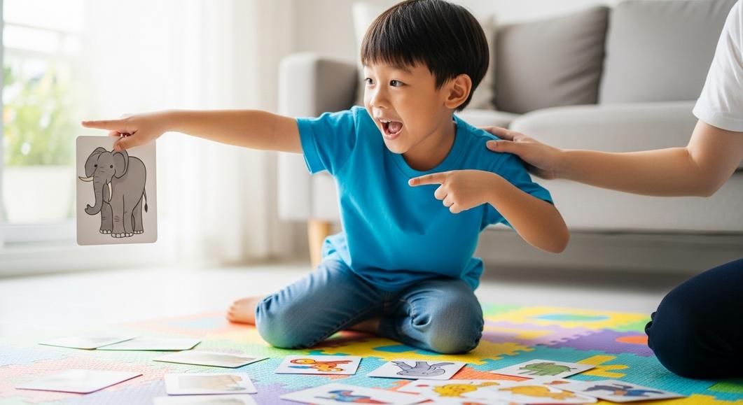 Bé trai học tiếng Anh với flashcard hình con voi