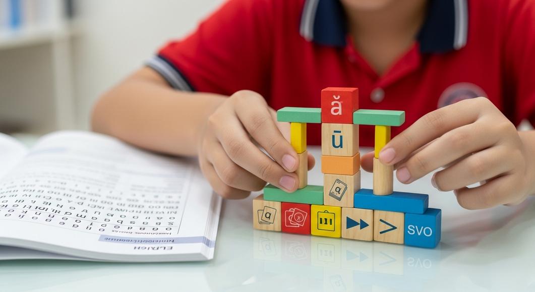 Bé trai chơi xếp hình khối học tiếng Anh cơ bản