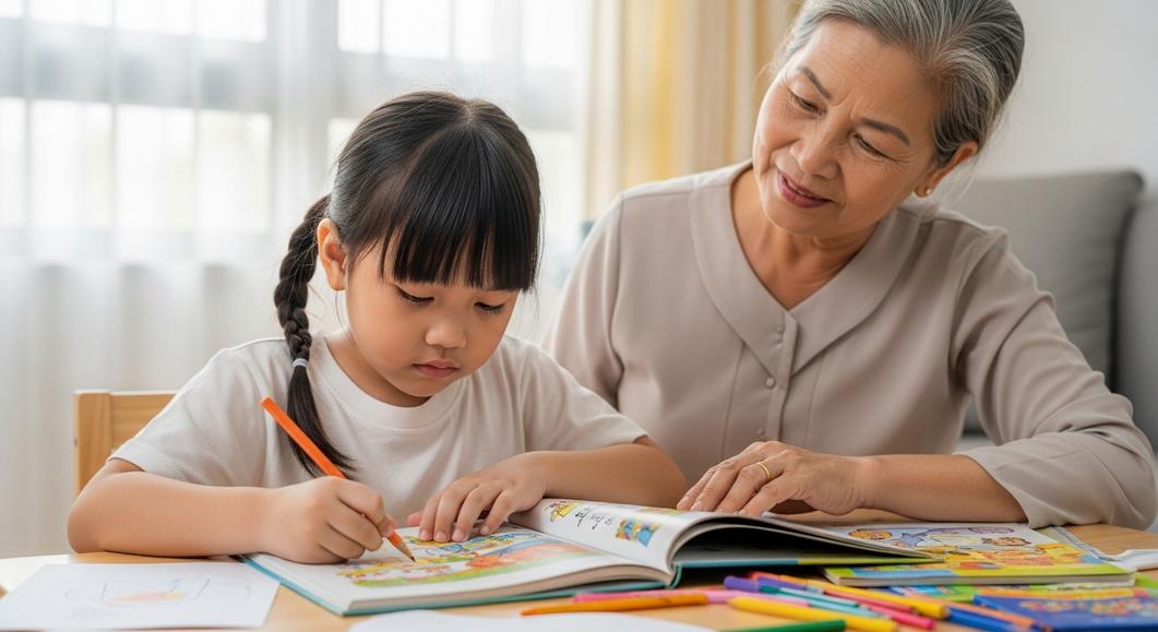 Bé gái tập tô màu cùng bà, học tiếng Anh qua hình ảnh