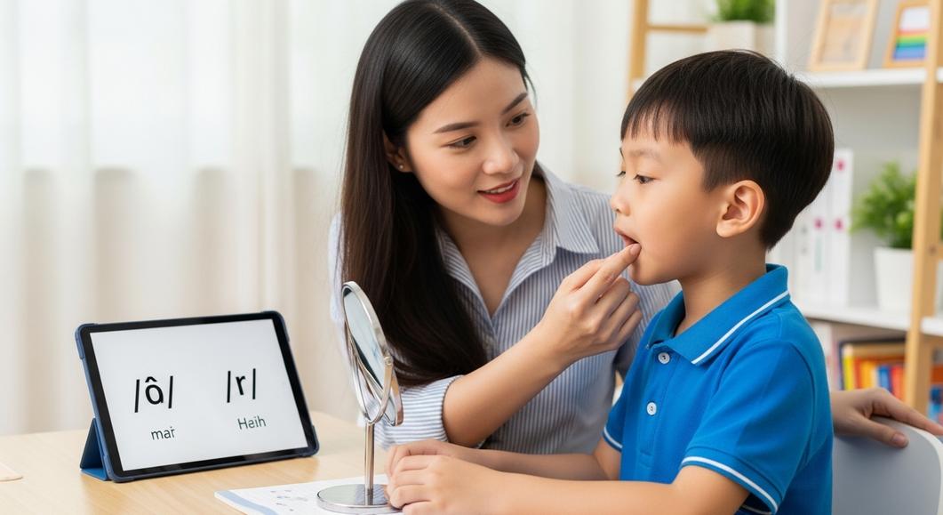 Cô giáo châu Á hướng dẫn bé trai luyện phát âm tiếng Anh.