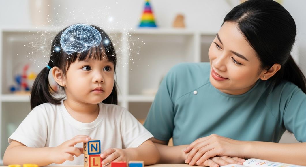 Cô giáo và bé gái đang học tiếng Anh với những hình khối.
