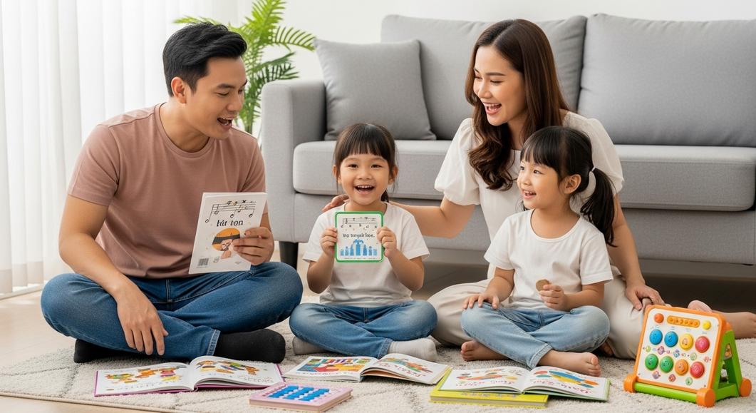 Gia đình hạnh phúc đọc sách song ngữ cùng con nhỏ tại nhà