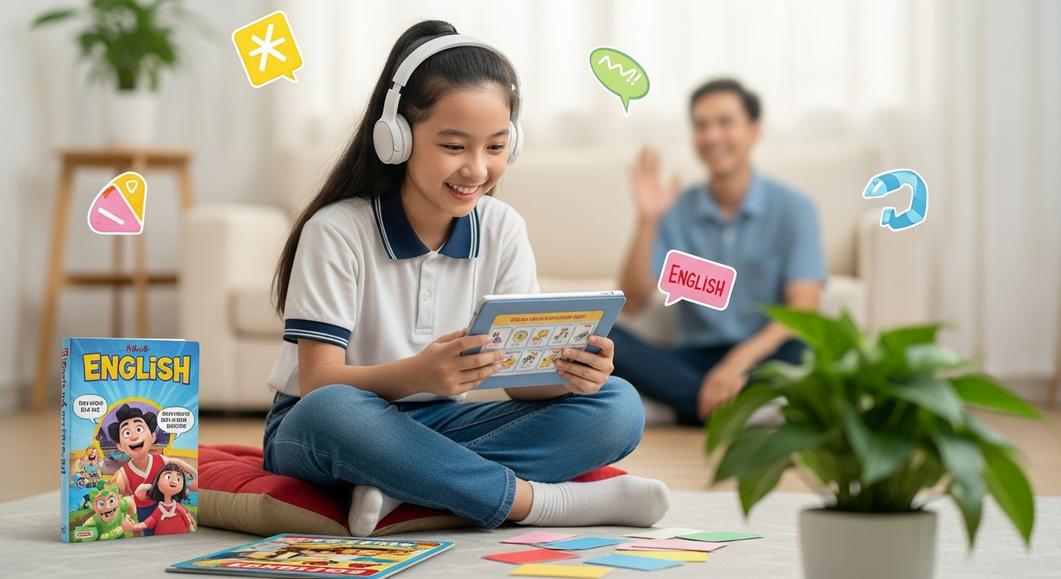 Học sinh cấp 2 đeo headphone học tiếng Anh trên tablet tại nhà.