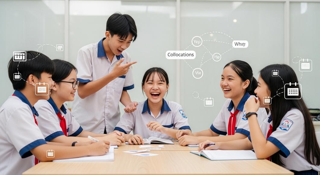 Học sinh cấp 2 vui vẻ rèn luyện phản xạ tiếng Anh trên lớp.