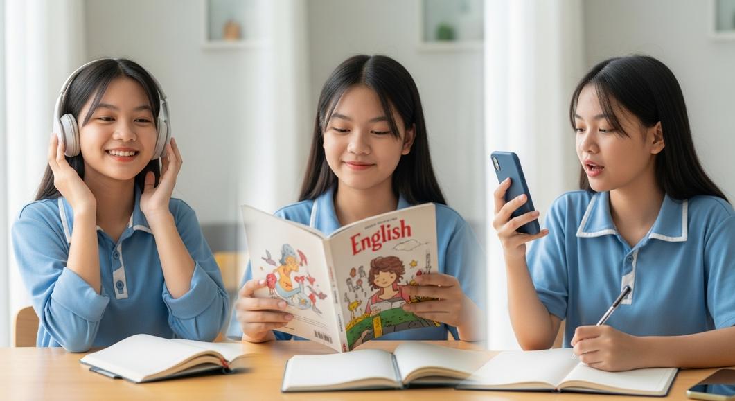 Học sinh cấp 2 tự học tiếng Anh với sách, điện thoại và tai nghe