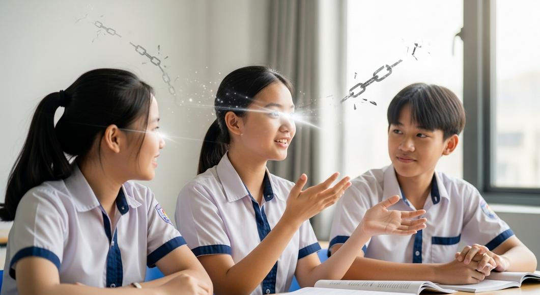 Ba học sinh cấp hai tự tin giao tiếp tiếng Anh, không dịch nghĩa.