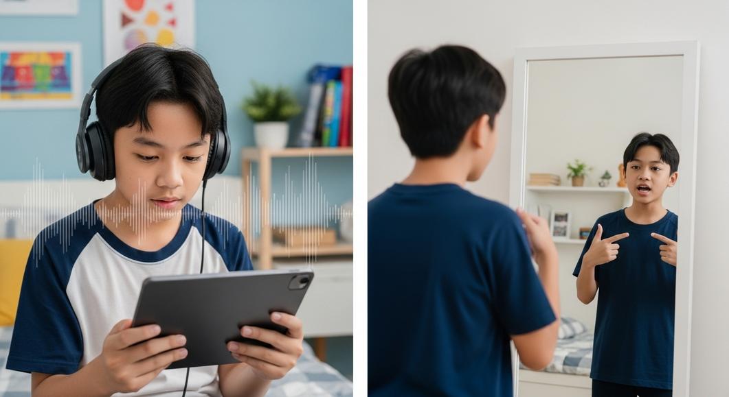 Học sinh cấp 2 luyện nói tiếng Anh bằng tablet và trước gương.
