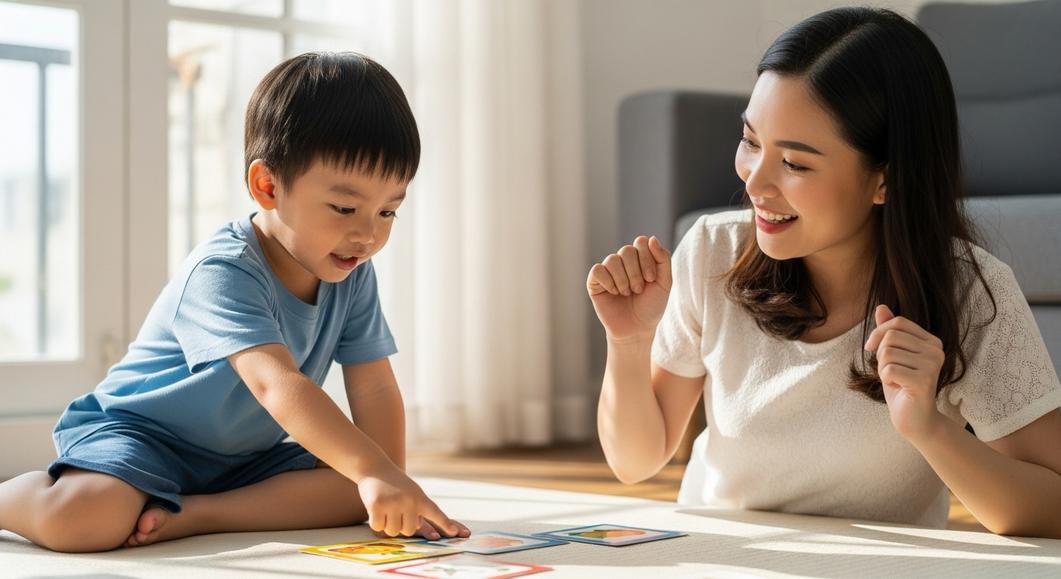 Mẹ và bé trai chơi thẻ học tiếng Anh tại nhà