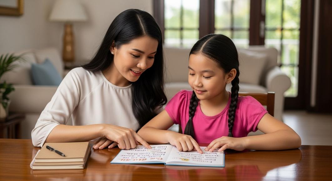 Mẹ và bé gái cùng học tiếng Anh tại bàn học ở nhà.