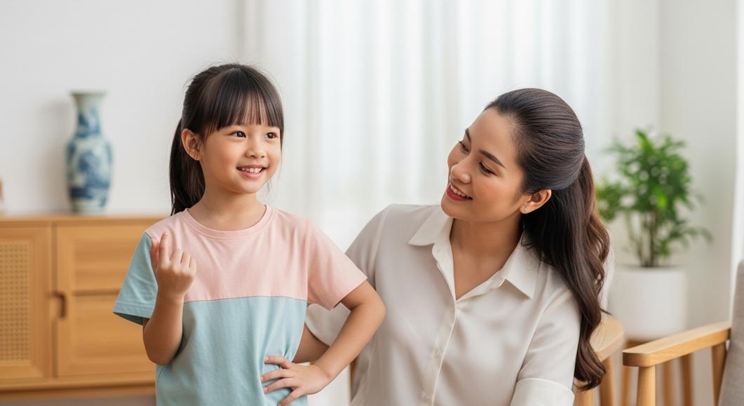 Mẹ và bé gái luyện phát âm tiếng Anh tại nhà