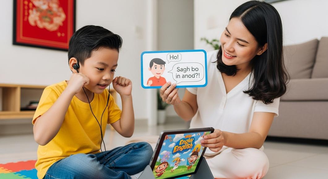 Mẹ và bé luyện nói tiếng Anh qua ứng dụng học tập.