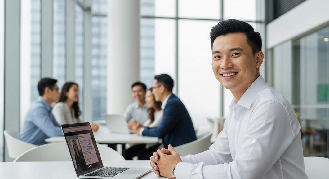 Người đàn ông châu Á tự tin học tiếng Anh giao tiếp trực tuyến.