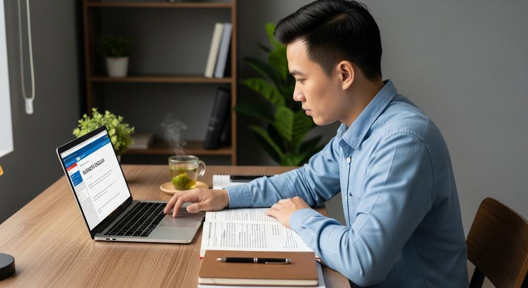 Người đi làm học tiếng Anh thương mại online trên laptop.