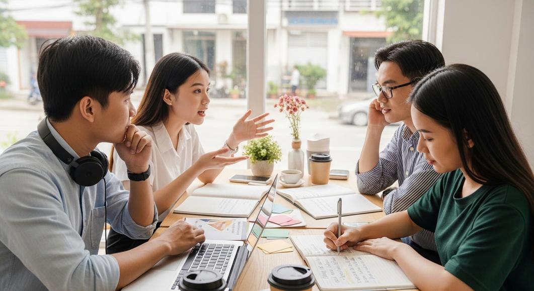 Nhóm sinh viên đang học tiếng Anh giao tiếp tại quán cafe
