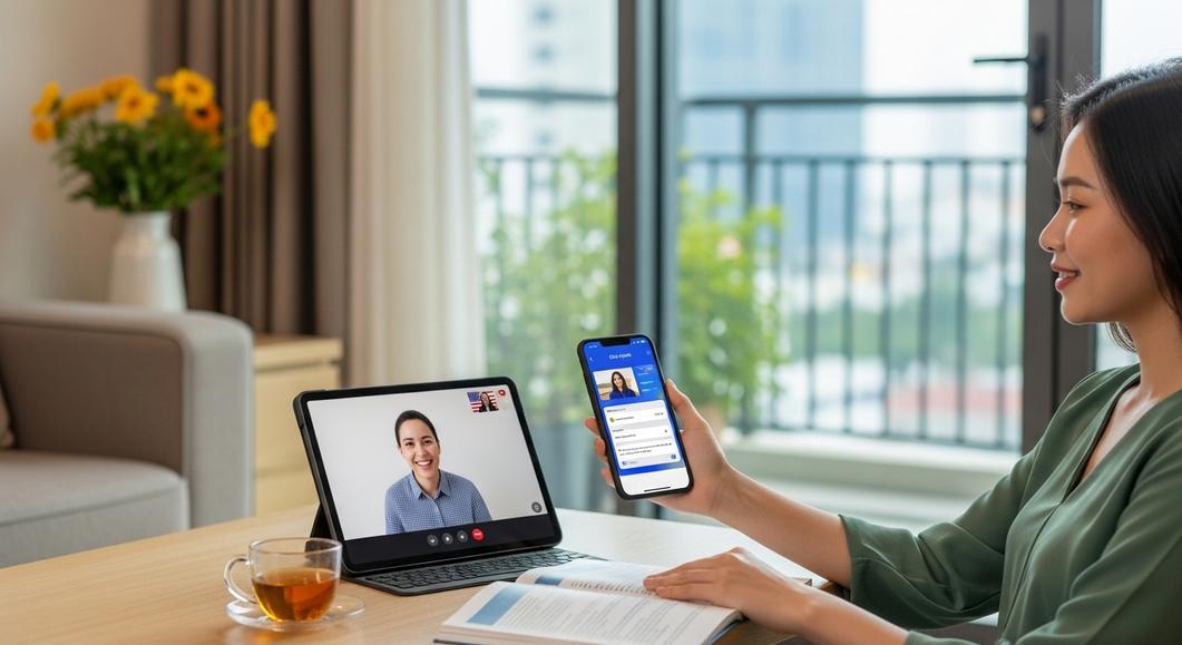 Nữ sinh học tiếng Anh trực tuyến qua điện thoại và máy tính bảng.