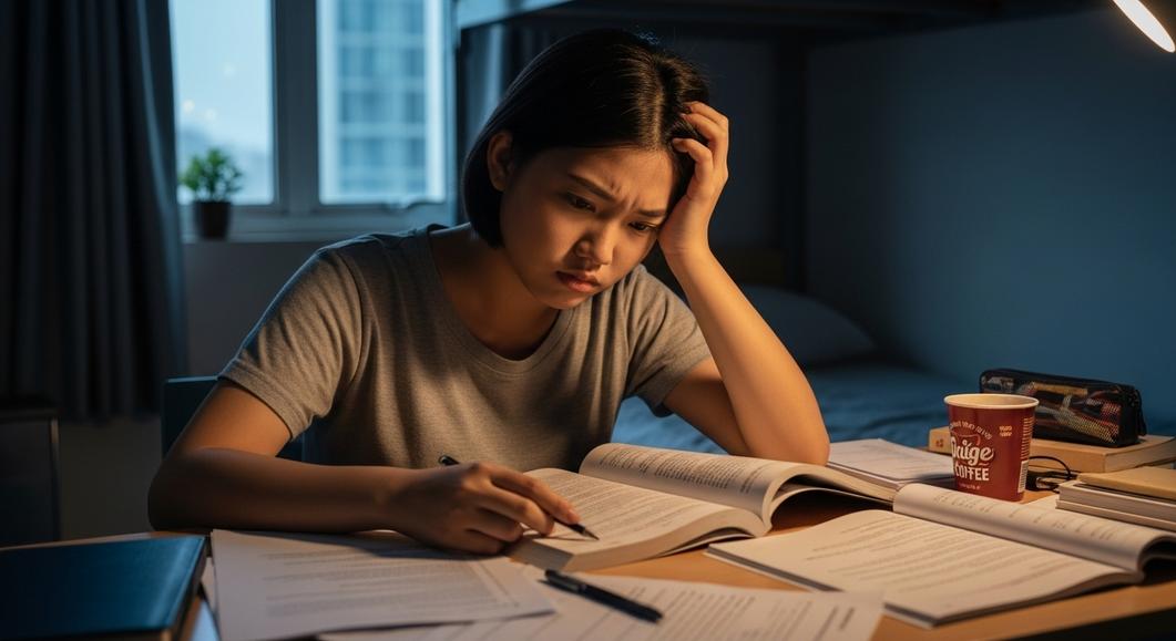 Cô gái châu Á đang học bài khuya với vẻ mặt căng thẳng