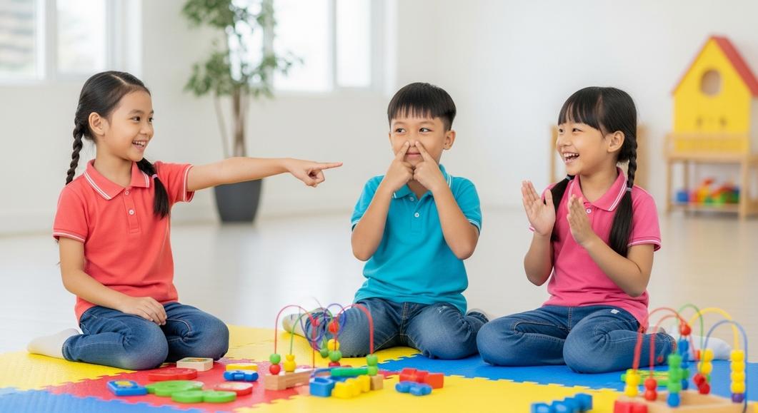 Ba em bé vui vẻ chơi đồ chơi, học tiếng Anh cùng nhau.