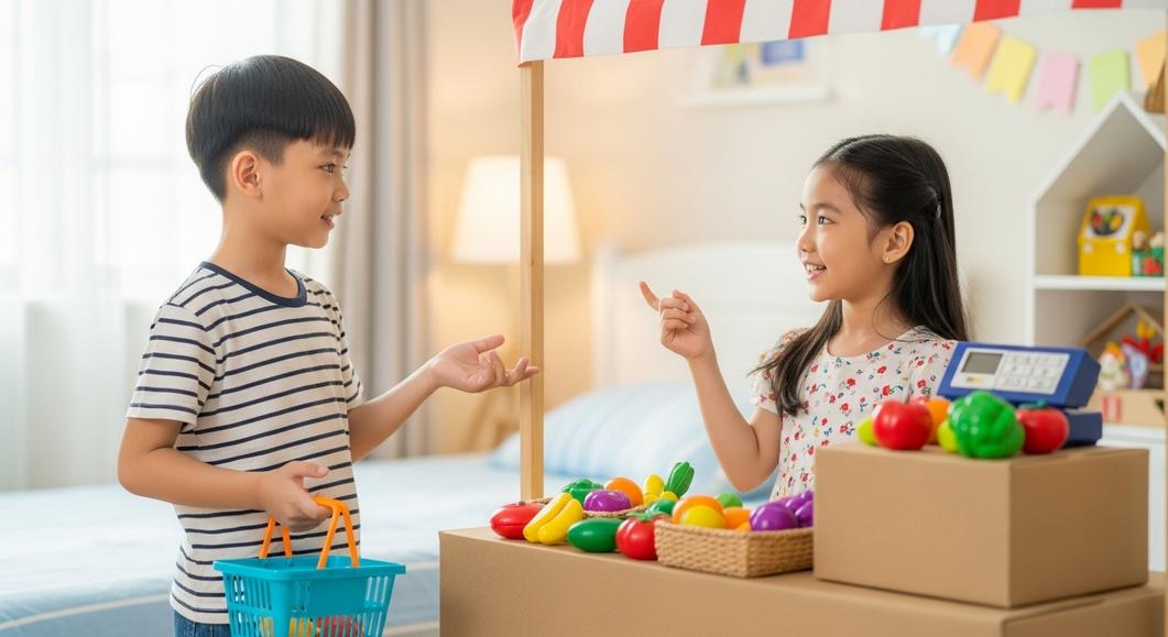 Hai trẻ em đóng vai bán hàng, luyện nói tiếng Anh