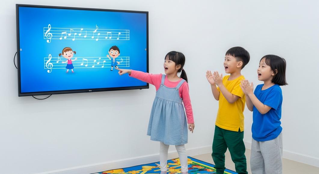 Ba em bé học phát âm tiếng Anh qua bài hát trên TV.