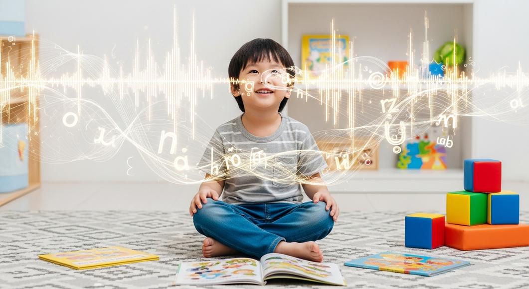 Bé trai châu Á vui vẻ học tiếng Anh qua sách và hình ảnh.