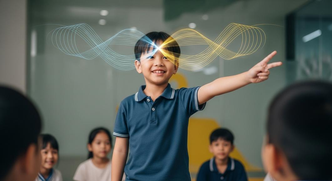 Bé trai tự tin thuyết trình song ngữ trước lớp học