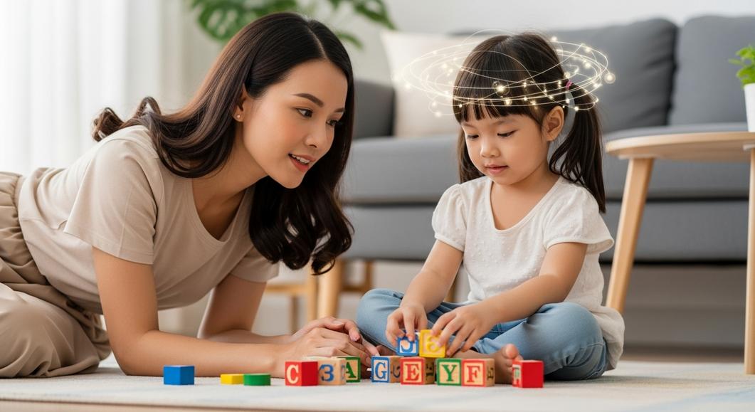 Mẹ và bé chơi xếp hình khối chữ cái trên sàn nhà.