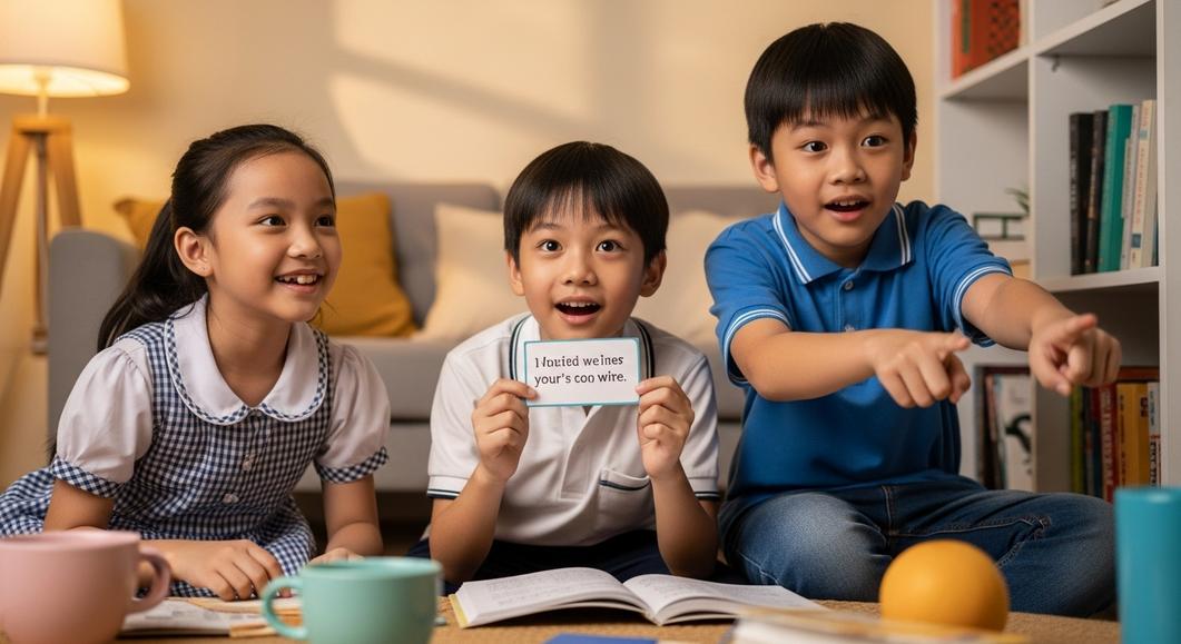 Ba học sinh cấp một chơi trò chơi tiếng Anh tại nhà.