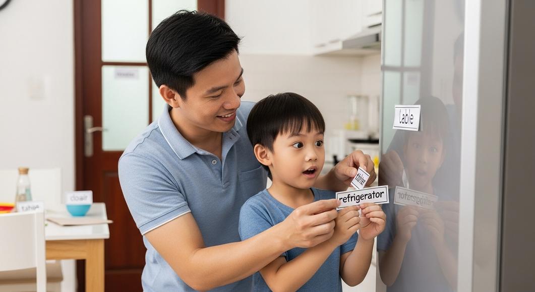Bố và con trai dán nhãn tiếng Anh lên tủ lạnh trong bếp
