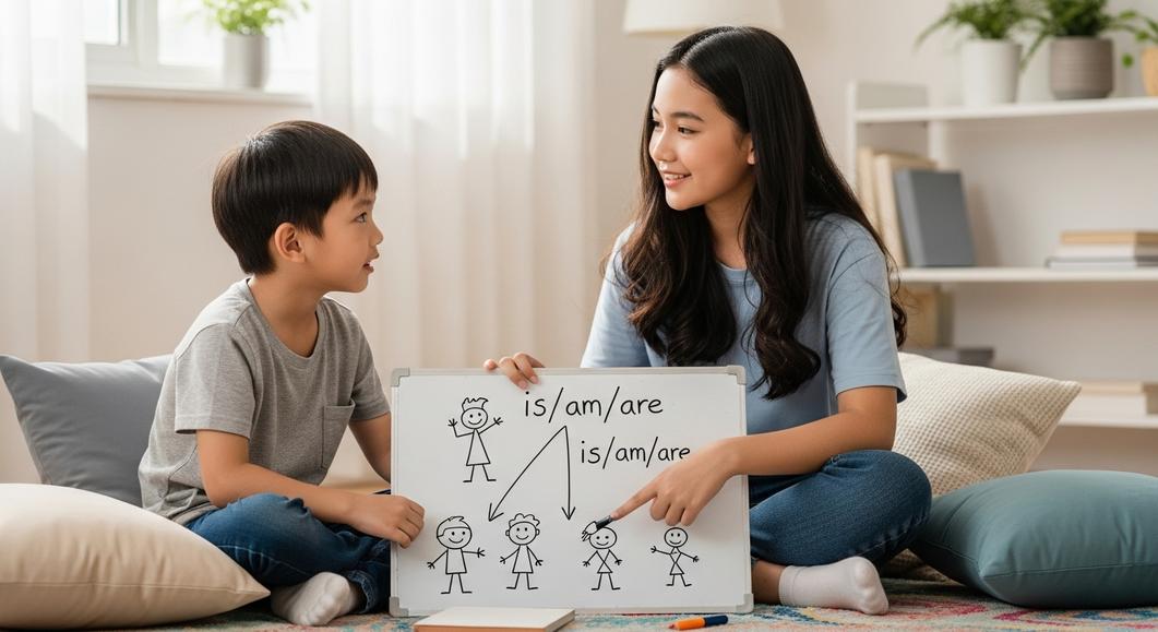 Cô gái dạy bé trai ngữ pháp tiếng Anh is/am/are bằng bảng trắng.