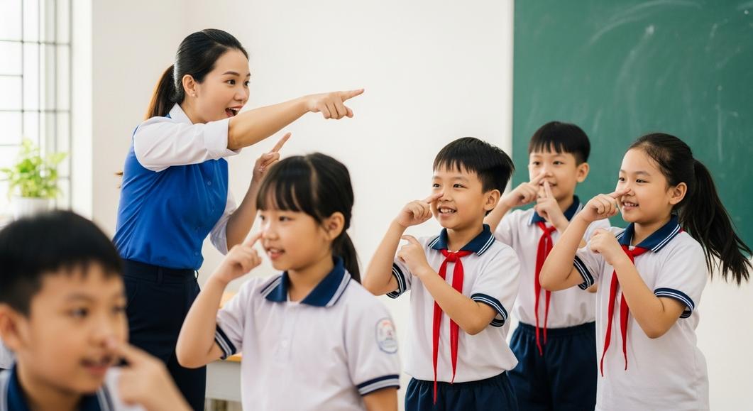 Cô giáo hướng dẫn học sinh cấp 1 chạm tay lên mũi trong lớp học.
