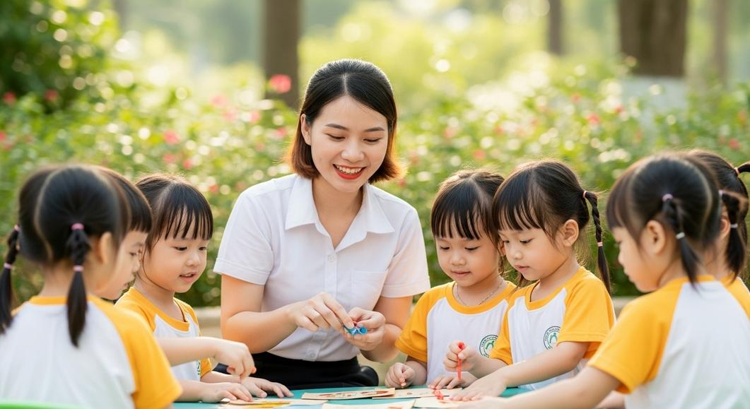 Cô giáo và các bé mầm non học tiếng Anh ngoài trời vui vẻ