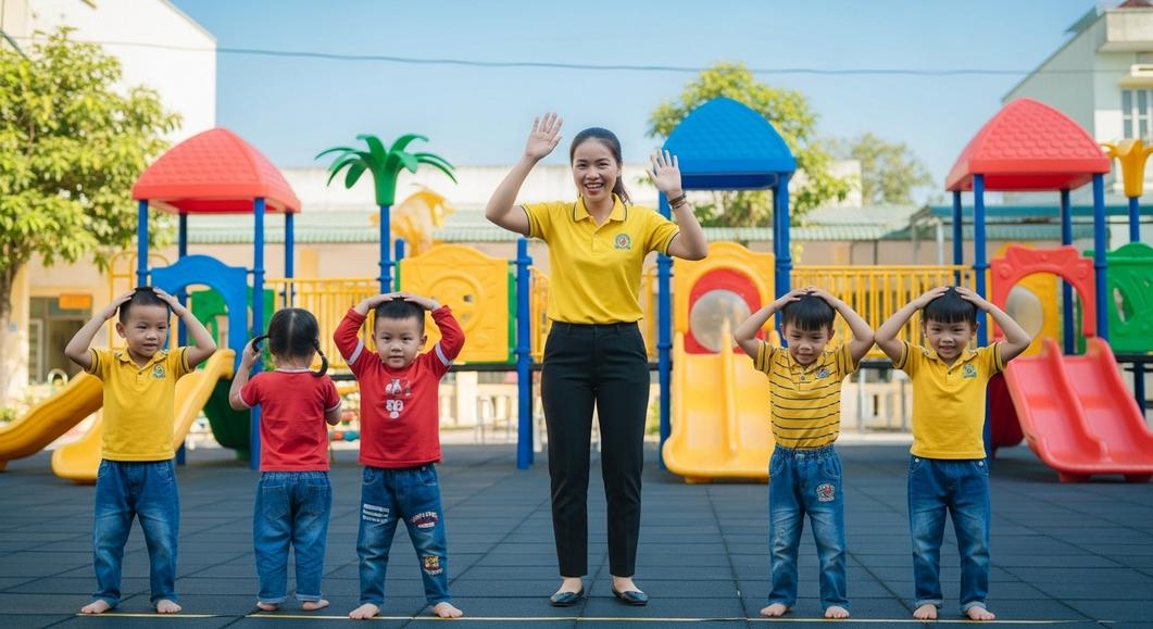 Cô giáo và các bé mầm non tập thể dục tại sân chơi