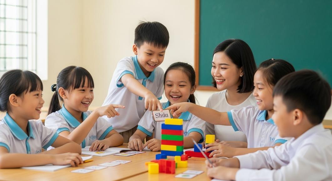 Giáo viên và học sinh tiểu học luyện nghe tiếng Anh tại lớp học.