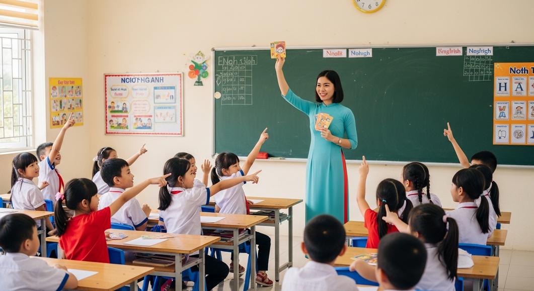 Cô giáo và học sinh tiểu học trong lớp học tiếng Anh.