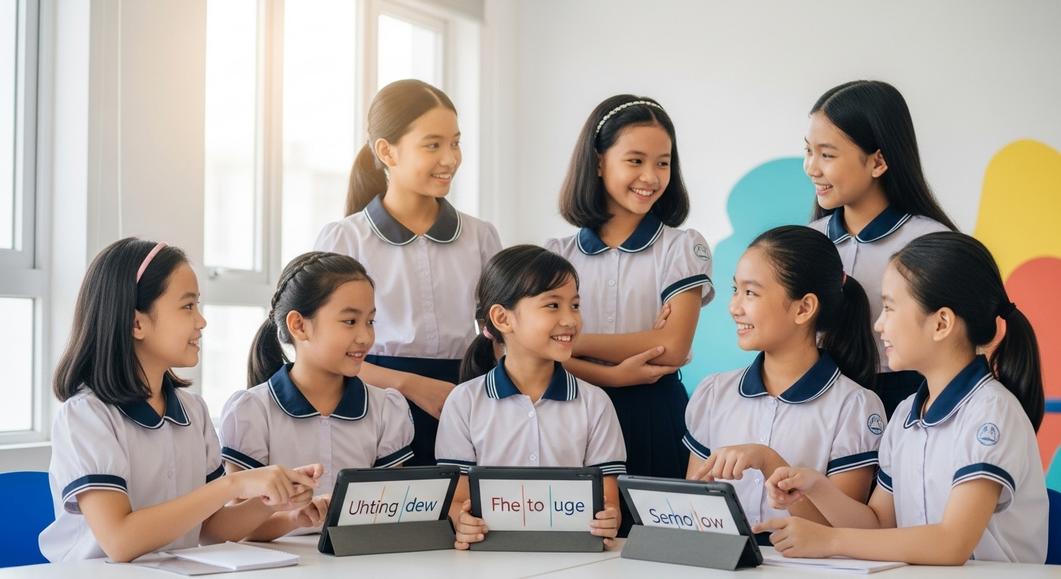 Nhóm học sinh cấp 1 chơi game tiếng Anh trên máy tính bảng