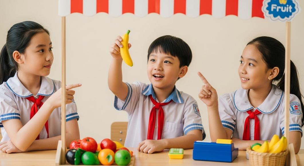Ba học sinh tiểu học chơi trò bán hoa quả đồ chơi.