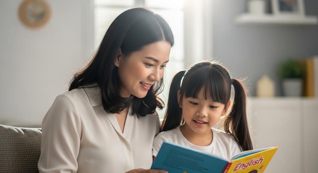 Mẹ và bé gái đọc sách tiếng Anh cùng nhau, tươi tắn.