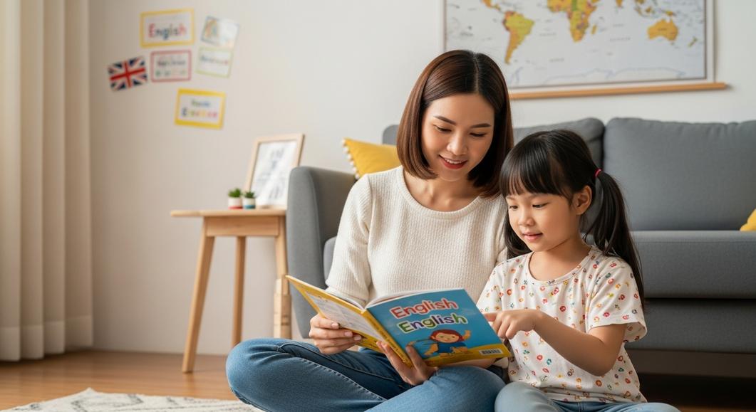 Mẹ và bé gái đọc sách tiếng Anh tại nhà, học tập vui vẻ.