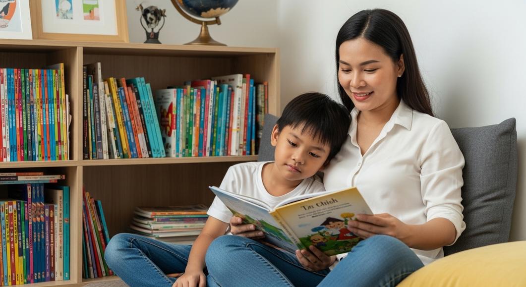 Mẹ và con trai cùng đọc sách tiếng Anh tại nhà
