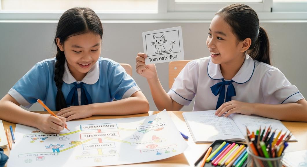 Hai nữ sinh cấp 2 học ngữ pháp tiếng Anh bằng flashcard