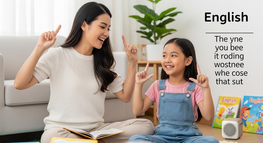 Mẹ và bé luyện nghe tiếng Anh tại nhà vui vẻ.