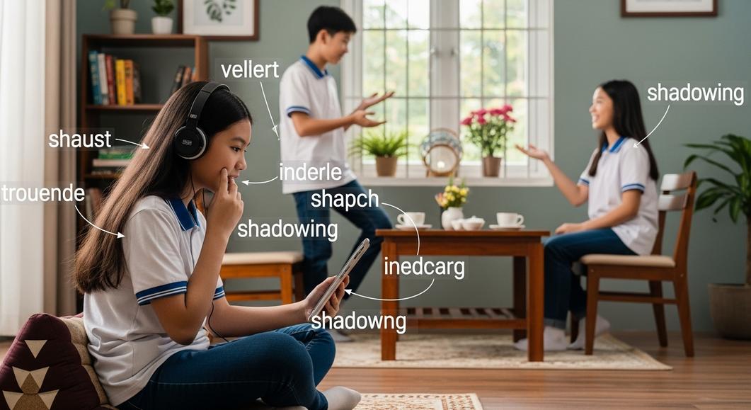 Học sinh cấp 2 luyện shadowing tiếng Anh tại nhà với tai nghe