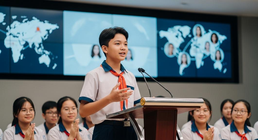 Học sinh tự tin thuyết trình tiếng Anh trước lớp, rèn luyện phản xạ.