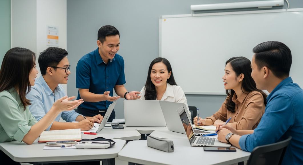 Nhóm người đi làm thảo luận, học tập tiếng Anh trong môi trường chuyên nghiệp.