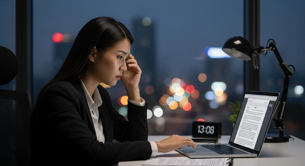 Nữ doanh nhân căng thẳng làm việc khuya bên laptop với ánh đèn thành phố.