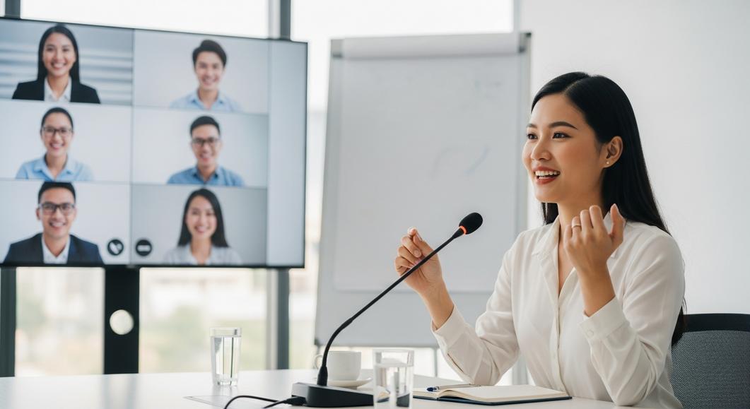 Nữ doanh nhân tự tin giao tiếp tiếng Anh trong cuộc họp trực tuyến.